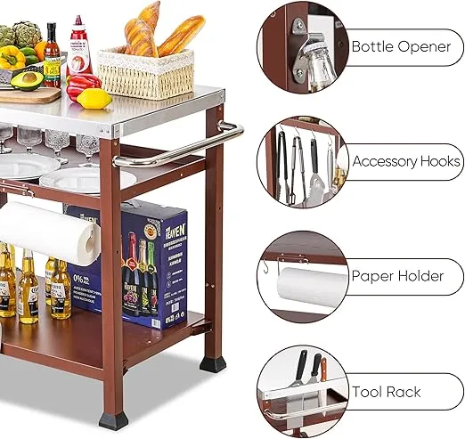 3-Shelf Outdoor Grill Table,Grill Cart Pizza Oven Table for Outside,Movable Prep Cart,Indoor & Outdoor Cooking Station,Grill Cart with Wheels, Metal Work Table for Ooni 14'' Blackstone Griddle