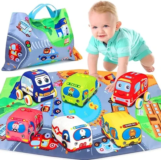 Baby Toys 6 to 12 Months - Soft Car Toys for 1 Year Old Boy Girl with Playmat Storage Bag - Infant Baby Toys 12-18 Months Toddler Toys Age 1-2 - 1st Birthday Gifts 1 2 3 Year Old Baby