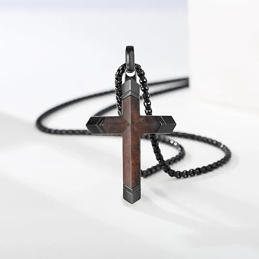 Cross Necklace for Men, Real Ebony Wooden Mens Cross Necklace Black Stainless Steel Christian Handmade Wood Pendant for Men, 24 Inch Box Chain