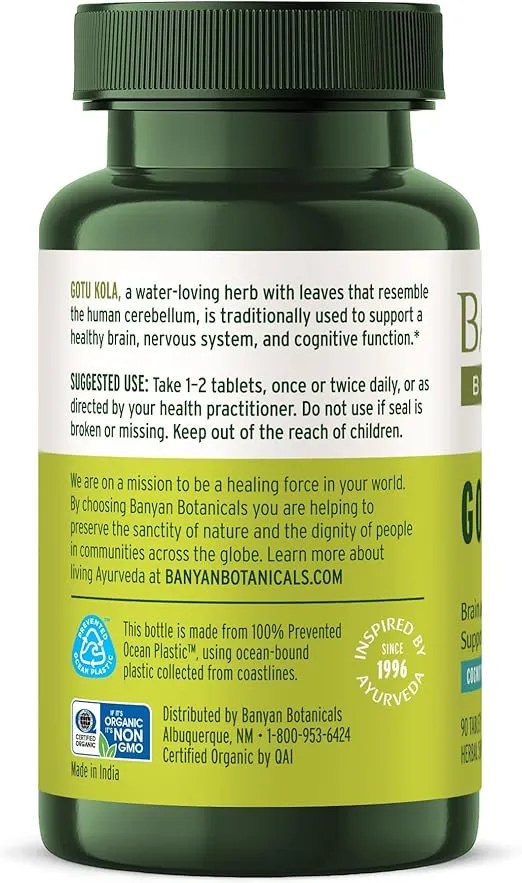 Banyan Botanicals Gotu Kola (Centella Asiatica) – Organic Adaptogen & Nootropic Brain Support Supplement for Healthy Memory & Concentration* – 90 Tablets – Fairly Traded Sustainably Sourced Vegan