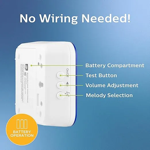 Philips Wireless Doorbell Kit, Battery-Operated Reciever, LED Alert Lights, 1 Push Button, 32 Melodies, 3 Volume Levels, 150 Ft Range, White, DES3140W/27