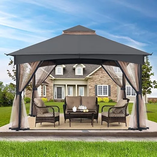 MASTERCANOPY Tool Free Patio Gazebo Screw Free Easy Installation Outdoor Garden Gazebo with Netting Walls (11x11,Gray)