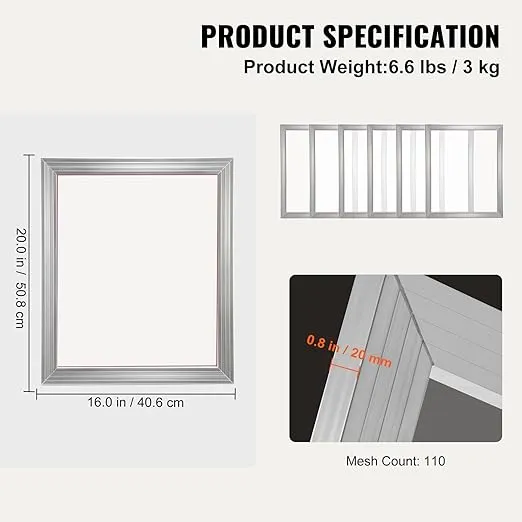 VEVOR 6 Pieces Aluminum, 16x20inch Silk Screen Frame with 110 Count High Tension Nylon Mesh and Sealing Tape for T-Shirts DIY Printing, Silver
