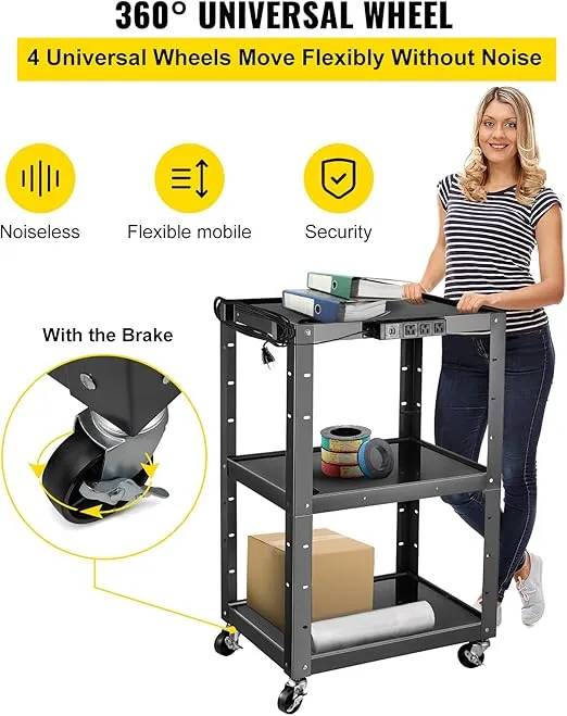 VEVOR Steel AV Cart, 24-42" Height Adjustable Media Cart with Electric Power Cord, 24 x 32" Presentation Cart with 3 shelves, 150 LBS Rolling Projector Cart with and 2 Brakes Suitable for load-bearing
