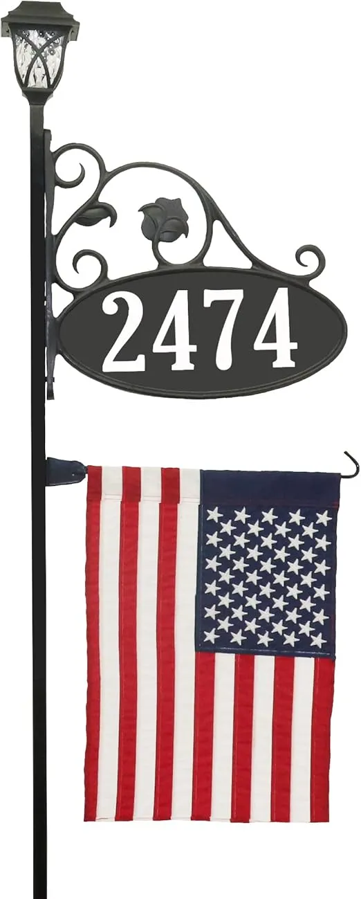 USA Handcrafted Park Place Reflective Address Sign with Decorative American Flag and Solar Light - 58" Pole - SL