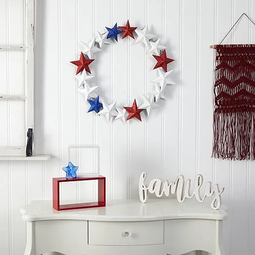 Nearly Natural 21in. Americana Artificial Wreath with Stars Red White and Blue