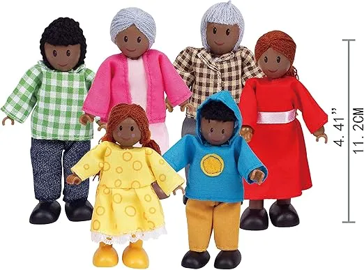 Hape African American Wooden Doll House Family| Dollhouse People Set of 6 Action Figure Set| Wire Adults: 4.3" H; Kids: 3.5" H
