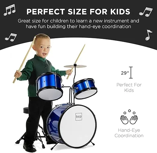 Best Choice Products Kids Drum Set 3-Piece Beginner Drum Set Junior Drum Set, w/ Throne Stool, Cymbal, Drum Sticks, Bass Drum Pedal, 2 Toms - Blue