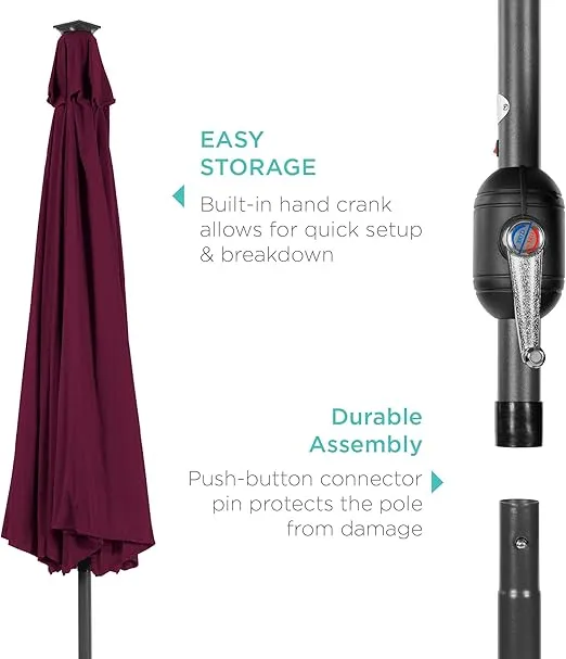 Best Choice Products 10ft Solar Polyester LED Lighted Patio Umbrella w/Tilt Adjustment and UV-Resistant Fabric - Burgundy