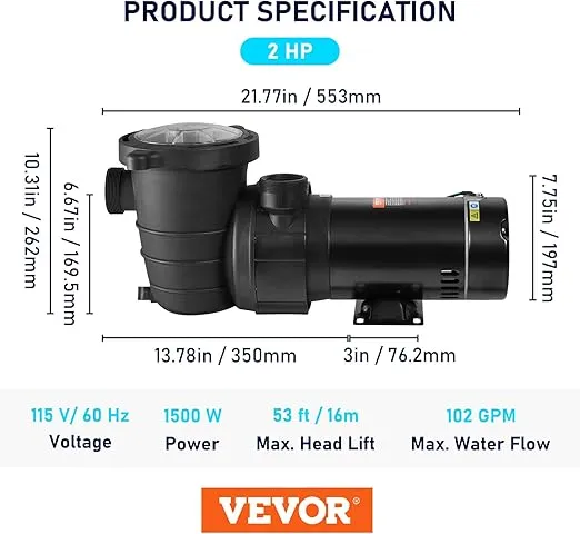 VEVOR Swimming Pool Pump, 2.0HP 115 V, 1500 W Single Speed Pumps for Above Ground Pool w/Strainer Basket, 5400 GPH Max. Flow, Certification of ETL for Security