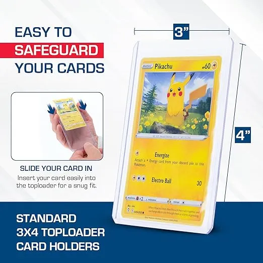 BCW 3x4 Standard Topload Card Holders - 100 Pack | Toploader Hard Plastic Card Sleeves for Baseball, Football, Basketball, Pokemon, Yugioh, MTG Cards | Clear Card Protector Sleeves