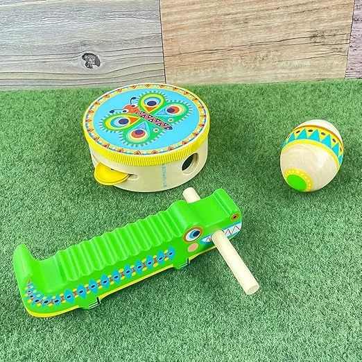 DJECO Animambo 3 Pc Set - Guiro, Maracas, Tambourine - Safe Music Instrument for Kids, Educational Toddler Musical Toy for Motor Skills, Creativity, Imagination & Rythym - Toys Girls & Boys