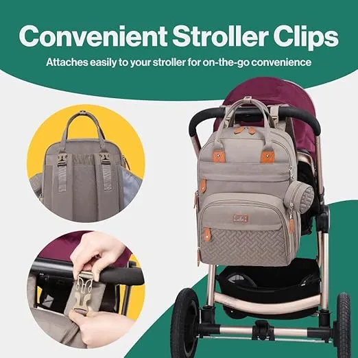 BabbleRoo Unisex Baby Essentials Backpack - Khaki, Waterproof Diaper Bag with Changing Pad, Stroller Straps & Pacifier Case
