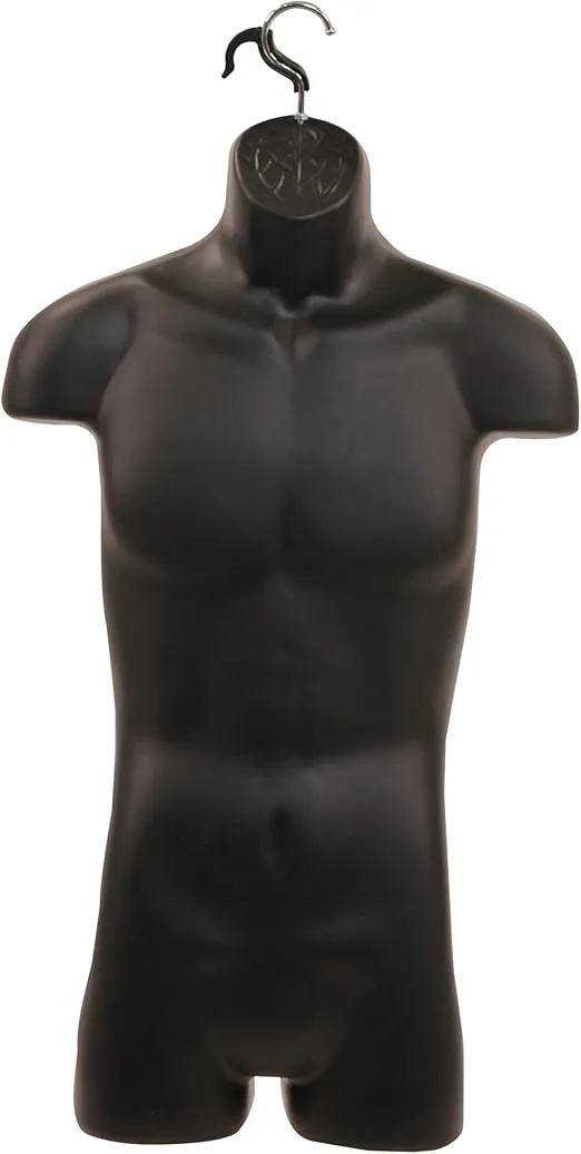 SSWBasics Male Molded Shatterproof Black Shapely Torso Form With Hook - Fits Men's Sizes S-L - Hanging Mannequin Torso Fashion Form to Display Top and Bottom Merchandise - Shirt Mannequin Display for