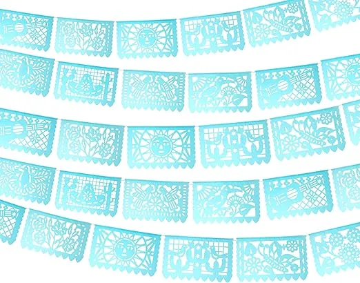 Light Blue Papel Picado Flag Banners 5 Pk Over 60 feet Included Aqua Blue Tissue Paper Garland, Pretty Blue Banners for Weddings, Quinceaneras, Birthdays, Fiesta Party Supplies, WS900