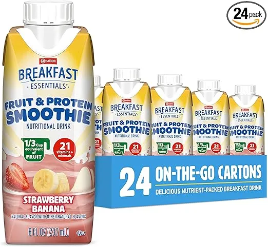 Carnation Breakfast Essentials Fruit and Protein Smoothie Nutritional Drink, Strawberry Banana, 24 – 8 fl oz Cartons