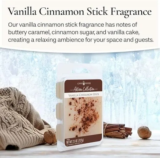 Candle Warmers Etc Artisan Wax Melts 2.5oz, Vanilla Cinnamon Stick Fragrance (4-Pack) – Each Pack has x4 2.5 oz Wax Melts and 30 Hours of Fragrance – Perfect for bedrooms, Living Rooms, and bathrooms