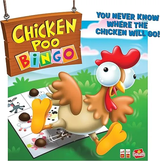 Goliath Chicken Poo Bingo Game - Wind-Up Chicken Drops Poos On Bingo Game Board - Ages 4 and Up, 2-4 Players