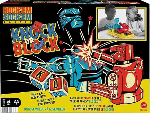 Mattel Games Rock 'Em Sock 'Em Robots Kids Game with Red Rocket & Blue Bomber Fighting Robots