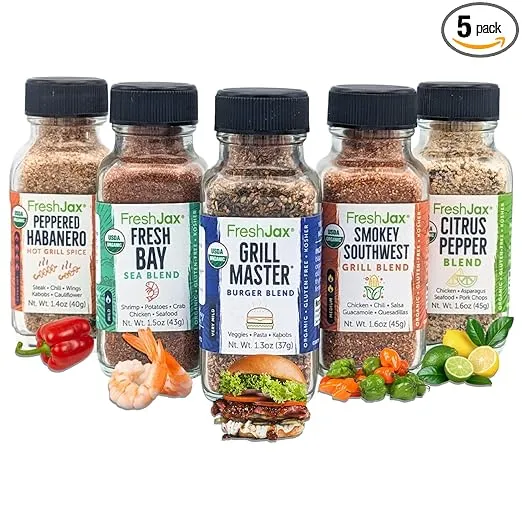 FreshJax Grill Seasoning Gift Set | 5 Sampler Sized Organic Grilling Spices | Grilling Christmas Gifts for Men | BBQ Grill Spices and Seasoning Sets Packed in a Giftable Box