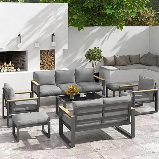 RoyalCraft Aluminum Outdoor Couch, All-Weather Metal Patio 3-seat Sofa with Soft Thick Cushions, Patio Sofa Couch for Porch Backyard Garden, Grey