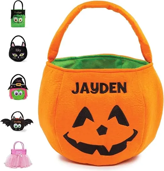 Halloween Trick or Treat Bucket Bag | Custom Name Embroidered on Plush Candy Basket for Kids