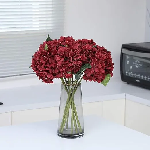 Kimura's Cabin Fake Flowers 6pcs Vintage Artificial Silk Hydrangea Flowers Bouquets Faux Hydrangea Stems for Home Wedding Party Table Core Decoration (Dark Red)