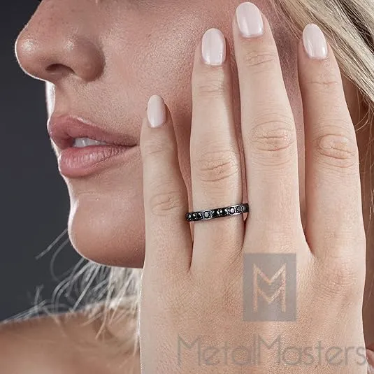 3MM 1.75Ct Womens Black Titanium Eternity Engagement Band Wedding Ring Black Pave Set Cubic Zirconia