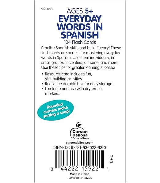 Carson Dellosa 104 Spanish Flash Cards for Kids, Spanish Vocabulary Flash Cards for Beginners, Picture Flash Cards for Toddlers, Learning Spanish Game for Beginners