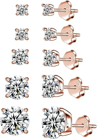 925 Sterling Silver Stud earrings Set | White Gold Plated Hypoallergenic Stud Earrings | Cubic Zirconia Stud Earrings for Women (2mm,3mm,4mm,5mm,6mm,7mm) 8 CZ colors options