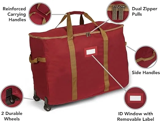 Covermates Keepsakes Rolling Treasurekeeper Storage Bag - Carrying Handles, ID Window, Dual Wheels - Holiday Storage, Red