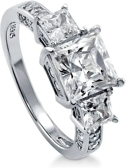 BERRICLE Sterling Silver 3-Stone Wedding Engagement Rings 2 Carat Princess Cut Cubic Zirconia CZ Ring for Women, Rhodium Plated Size 4-10