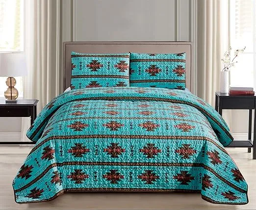 Southwest Teal/Burgundy/Brown Print Bedspread 3 Piece Navajo/Native American Design Cabin Lodge Light Weight Quilt Set- Queen Oversize (100" x 96") Southwestern Coverlet Bedding Cover (Queen)