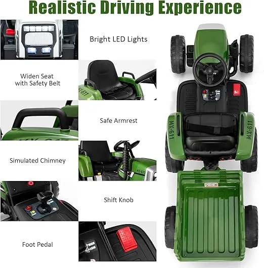 Costzon Ride on Tractor with Detachable Trailer, 12V Kids' Electric Vehicles w/3-Gear-Shift Ground Loader, Wireless Design & USB, 7 LED Headlights, Remote Control Tractor Toy for Kids 3+ (Dark Green)