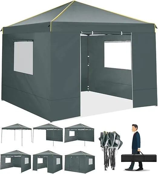 10x10 Pop Up Canopy Tent with 4 Sidewalls and Mesh Windows 2.0, Waterproof Commercial Instant Gazebo Outdoor Tents for Party/Exhibition/Picnic with Carry Bag,4 Stakes & Ropes (Gray)