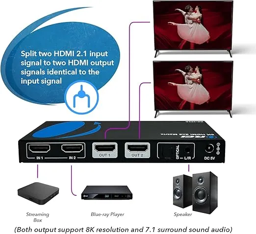OREI 8K HDMI Matrix Switch 2 X 2, Switcher with Audio Extractor UltraHD Supports Upto 4K @ 120Hz IR EDID HDCP 2.3 - Remote Control (BK-202A) (2x2 - Audio Out)