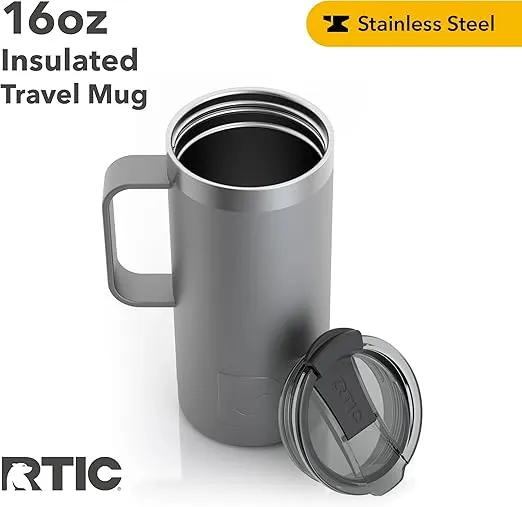 RTIC 16 oz Coffee Travel Mug with Lid and Handle, Stainless Steel Vacuum-Insulated Mugs, Leak, Spill Proof, Hot Beverage and Cold, Portable Thermal Tumbler Cup for Car, Camping, Graphite