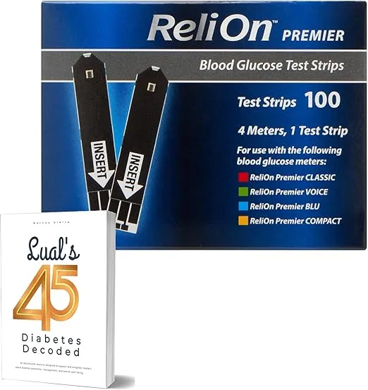 ReliOn Premier Test Strips 100 Count | Reli On Premier Blood Glucose Test Strips | Diabetes Test Strips | Tiras para Medir la Glucosa + Lual's 45 Diabetes Decoded