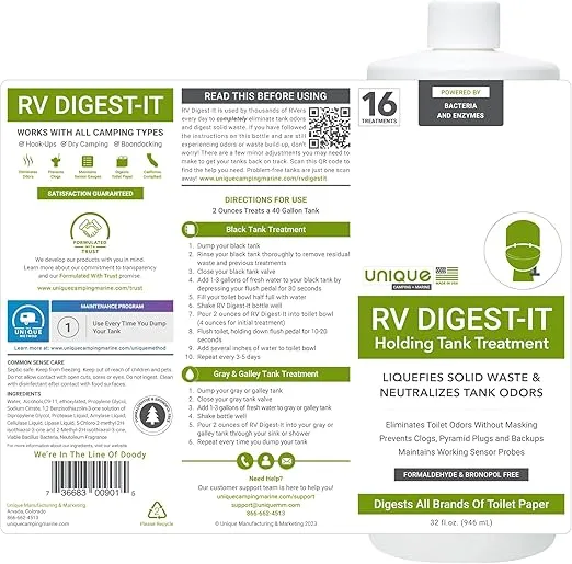 Unique RV Digest-It Black Water Tank Treatment - Concentrated Liquid RV Toilet Treatment - Eliminates Odor, Liquifies Waste, Prevents Sensor Misreading, CA Approved (32 oz.)
