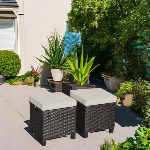 Tangkula 2 Pieces Outdoor Patio Ottoman, All Weather Rattan Wicker Ottoman Seat, Patio Rattan Furniture, Outdoor Footstool Footrest Seat w/Removable Cushions