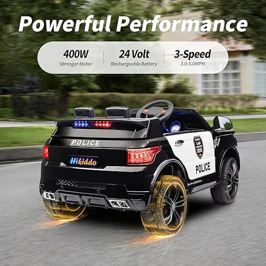 Electric Police Car for Kids, 24 Volt Kids Ride-on Toy Car with Remote Control, 400W Motor, 5mph Max Speed - Black