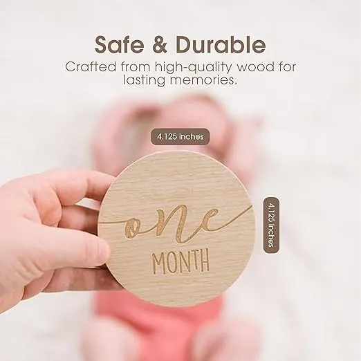 Pearhead Wooden Monthly Milestone Photo Cards - 7 Double-Sided Engraved Discs for Baby Announcement and Milestones, Holiday Baby Photos, Gender-Neutral Photo Props for Newborn Boy and Girl, Light Wood