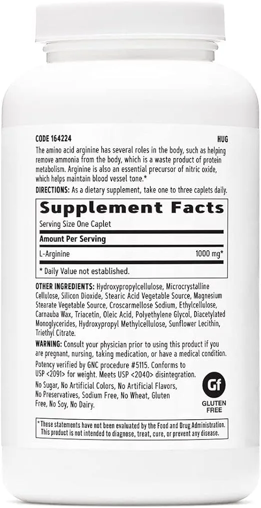 GNC L-Arginine 1000mg, 180 Caplets, Increases Nitric Oxide Production