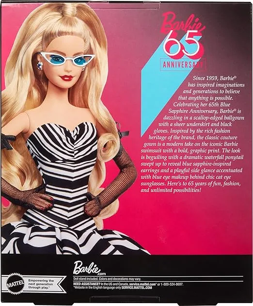Barbie Signature Doll, 65th Anniversary Collectible with Blonde Hair, Black & White Gown, Sapphire Gem Earrings & Sunglasses