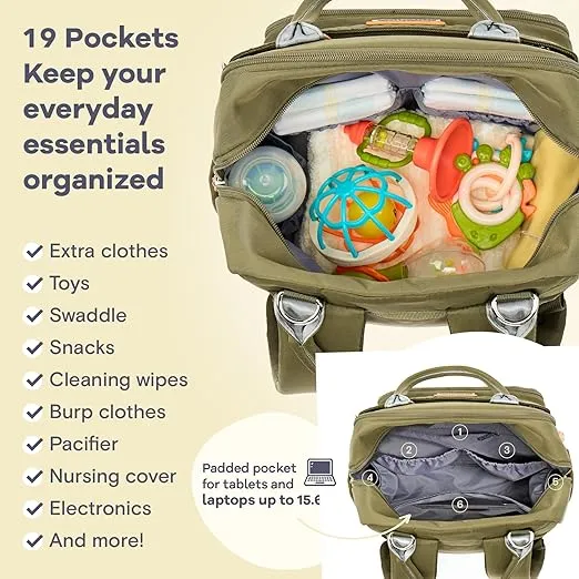 RUVALINO Diaper Bag Backpack, Multifunction Travel Pack Maternity Baby Changing Bags, Large Capacity, Waterproof, Army Green