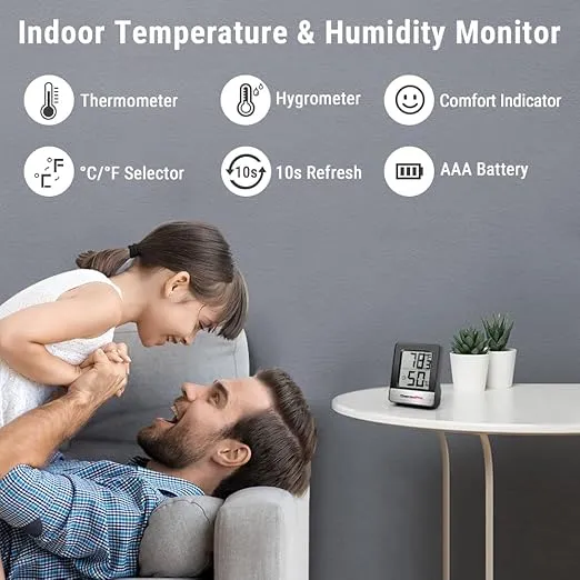ThermoPro TP49 2 Pieces Digital Hygrometer Indoor Thermometer Humidity Meter Mini Hygrometer Thermometer with Temperature and Humidity Monitor Room Thermometer Black