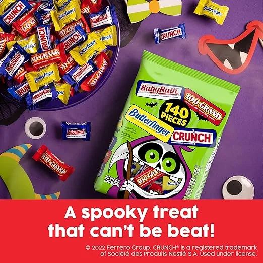 Butterfinger CRUNCH Baby Ruth and 100 Grand Candy Variety Pack Assorted Mini and Fun Size Chocolate Bars Trick or Treat Candy, 0.4 Oz. (Pack of 140)