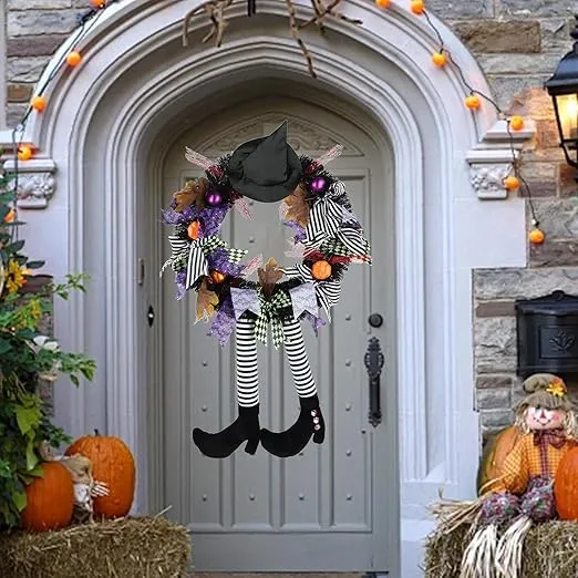 Halloween Wreath-24Inch Halloween Wreaths for Front Door, Halloween Door Wreath with Witches Hat, Legs and Pumpkin, Halloween Decorations Indoor, for Window, Indoor,Porch and Outdoor Decor