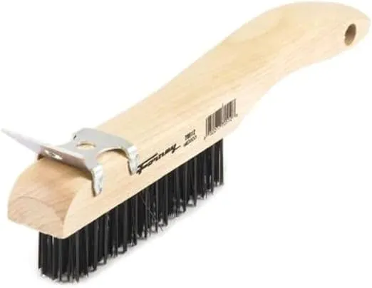 Forney 70512 Wire Scratch Brush, Carbon Steel with Wood Shoe Handle and Metal Scraper, 10-1/4-Inch-by-.014-Inch
