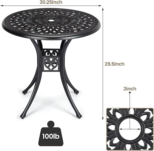 30.25 Inch Cast Aluminum Bistro Table with Umbrella Hole, Round Patio Bistro Table with Adjustable Feet, Outdoor Side Table for Porch, Backyard, Garden, Balcony, Black